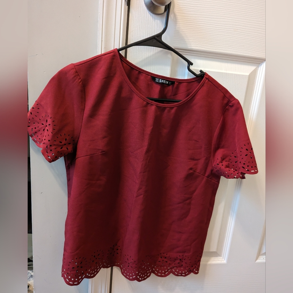 Red Short Sleeve Scalloped Blouse with Cutouts